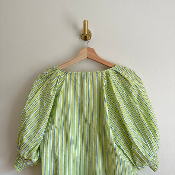 Sanctuary V-Neck Striped Puff 3/4 Sleeve Poplin Blouse Green L - Picture 9 of 9